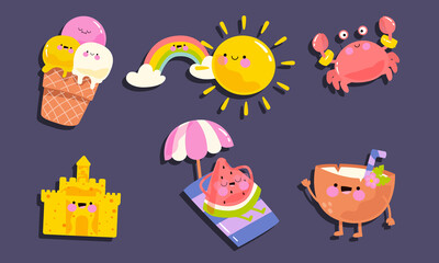 Set of cute cartoon stickers for children with sea animals, food and things in vector. Doodle patch badges with different summer holiday attributes on purple background.