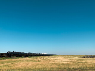 Obraz premium Long Train Reaching Horizon in the Desert