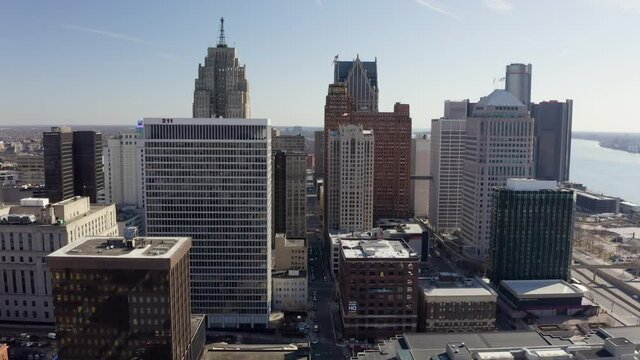 Aerial Flying Toward Downtown Buildings Detroit West Sunny
