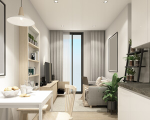 modern living room in condominium with modern contemporary style interior and wooder floor with furniture built in 3d rendering