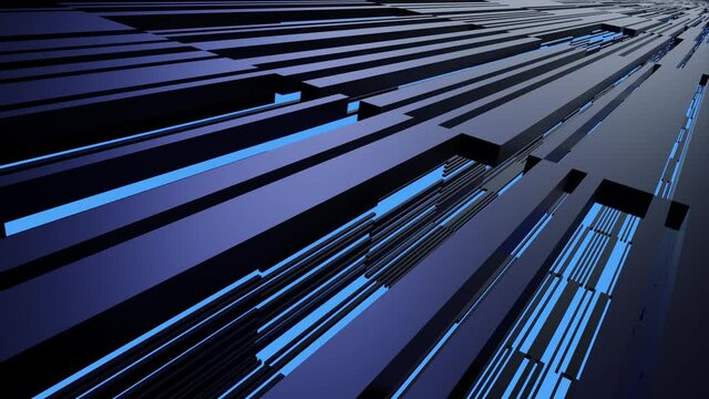 Information highway network. Glowing blue tiles. Endless looping background animation. Long geometric beams and shapes. Cybernetic fantasy.