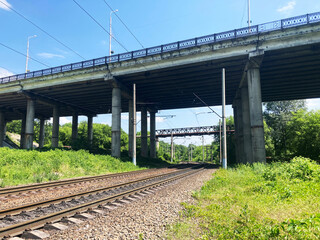 Railway tracks in countryside. Railway on sunny summer day.