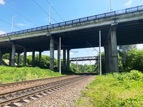 Railway tracks in countryside. Railway on sunny summer day.