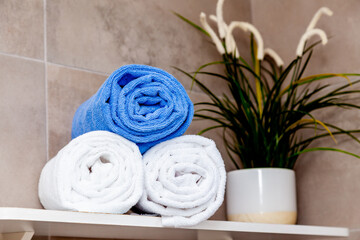 Obraz na płótnie Canvas Rolled bath towels white and blue laying on the shelf in spa bathroom decorated with anchor and plant in home interior 