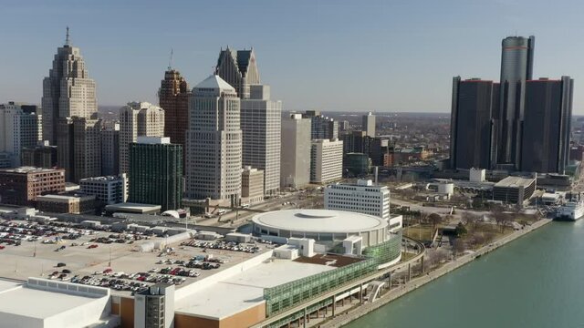 Morning Aerial Detroit Downtown Sunny Approaching City From River
