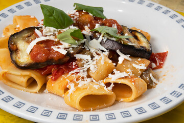 Pasta alla Norma with eggplant, tomato and sheep's ricotta