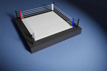 3d illustration of a boxing ring for fighting with a blue and red corner under a spotlight on a black background