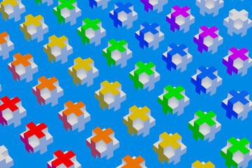 3D illustration pattern of large volumetric  rainbow crosses on a blue isolated background. Simple geometric textures and shapes