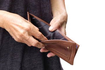 hand of senior open pocket, no money in the business wallet, Financial concepts and expenditures,