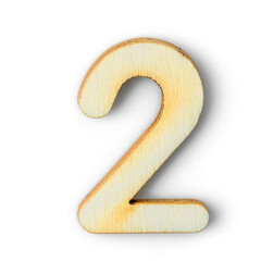 Wooden numeric 2 with  shadow on white