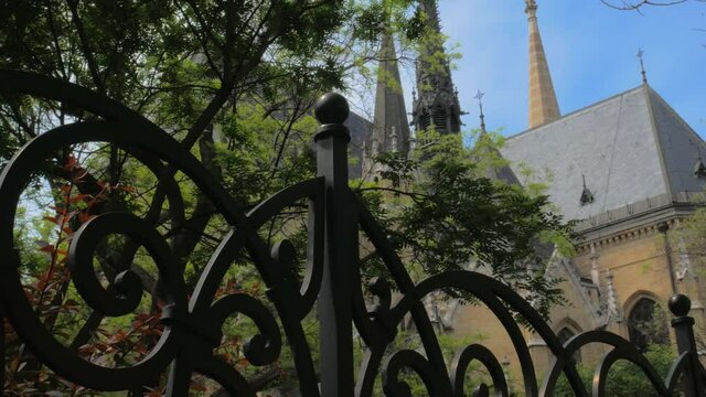 Church of Saint Elizabeth of the House of Arpad behind the fence. Budapest, Hungary Europe. 4K