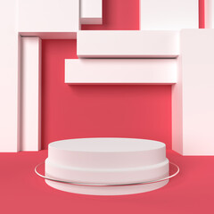 abstract 3d stage, display of geometric background, with red and white colors, and minimal style.