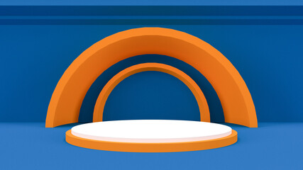 abstract 3d stage, display of geometric background, with Blue And Orange colors, and minimal style.