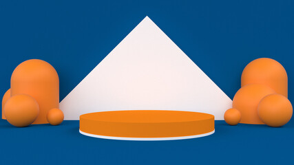abstract 3d stage, display of geometric background, with Blue And Orange colors, and minimal style.