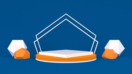 abstract 3d stage, display of geometric background, with Blue And Orange colors, and minimal style.