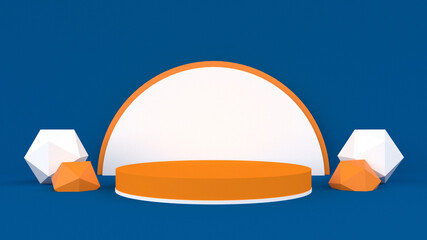 abstract 3d stage, display of geometric background, with Blue And Orange colors, and minimal style.