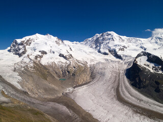 The Gorner Glacier, a valley glacier on the west side of the Monte Rosa Massif, close to Zermatt, Switzerland. It was the second largest glacial system in the Alps after the Aletsch Glacier system.