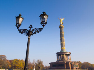 Fototapeta na wymiar The Siegessaeule (Berlin Victory Column) in Berlin, Germany. The Victory Column stands in Tiergarten, is one of the most representative landmarks in Berlin