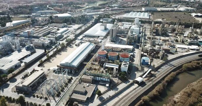 BARCELONA, SPAIN - MARCH 05, 2019: Industrial background with Martorell Site of large INOVYN chemical factory specializing in production of vinyl