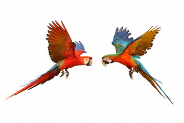 Plakat Colorful flying macaw parrots isolated on white