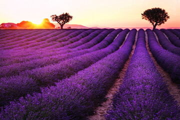 Sunset over blooming fields of lavender. Lavender purple field with beautiful sunset. Provence,  France.