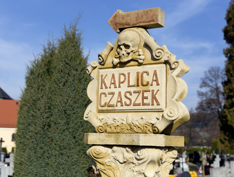 Kudowa-Zdroj, Poland - October 19, 2013: Entrance of the Chapel of Skulls in Kudowa Zdroj.