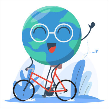 happy globe riding a bicycle, world bicycle day concept, flat illustration vector.