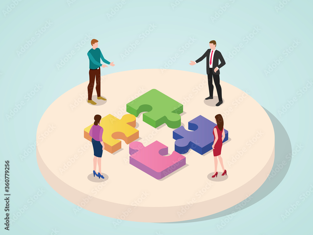 Poster office team working together collaboration connection puzzle element concept of business with isomet