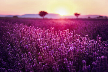 Sunset over blooming fields of lavender. Lavender purple field with beautiful sunset. Provence,  France.