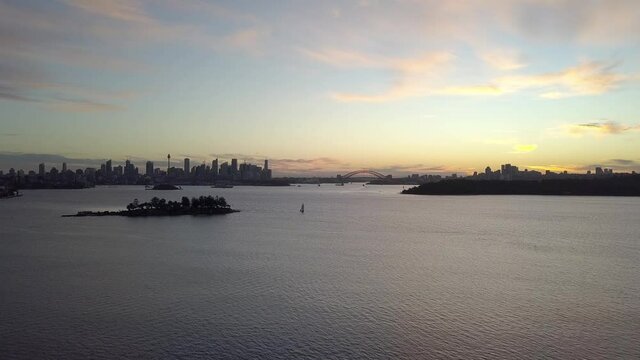 Sunset looking towards Sydney's central Business District and Harbour Bridge. Winter in Australia