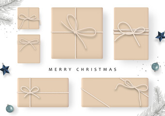 Set of craft gift box tied with rope. Christmas composition. Minimal style. Vector illustration.
