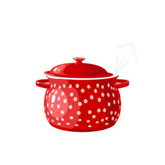 Steaming red spotted saucepan with lid. Kitchen utensil. Vector illustration cartoon flat icon isolated on white background.