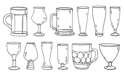 Set of different beer glasses and mugs. Hand drawn outline vector sketch illustration. Isolated black on white background