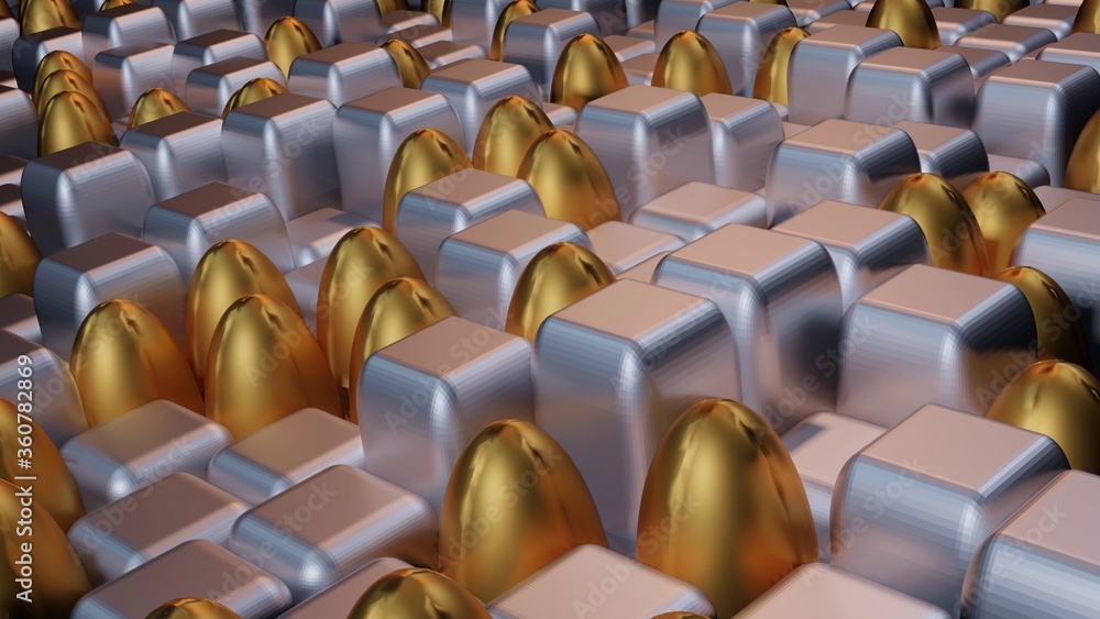 Poster 3d rendering of cubical and oval silver and golden tiles of different lengths