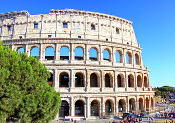 Fototapeta na wymiar A view of the exterior of the Colosseum in Rome, Italy.