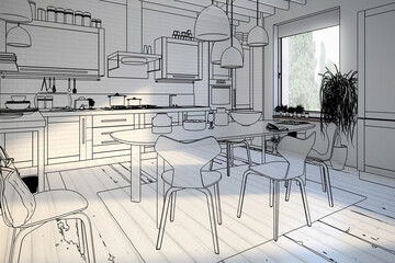 Kitchen Area with Dining Room Integration (drawing) - 3d visualization