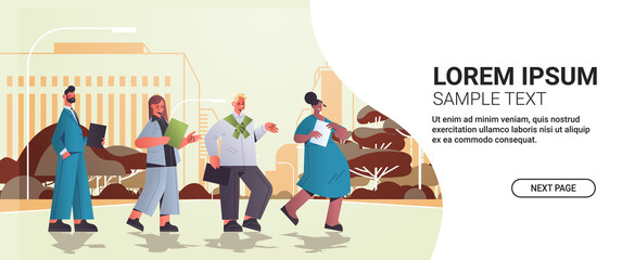 mix race businesspeople with folders walking outdoor business people office workers in casual clothes relaxing in urban park cityscape full length horizontal copy space vector illustration