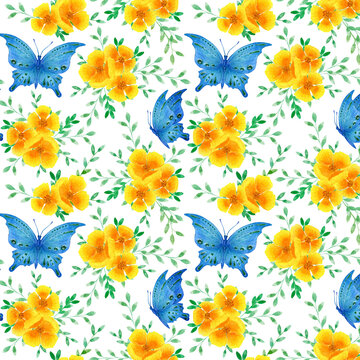 Watercolor seamless pattern of yellow flowers and blue butterflies on a white background. Illustration for design, cards, business cards, wedding invitations, fabric, wrapping paper.