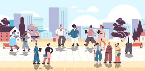 Fototapeta premium mix race businesspeople with folders walking outdoor business people office workers in casual clothes relaxing in urban park cityscape background full length horizontal vector illustration