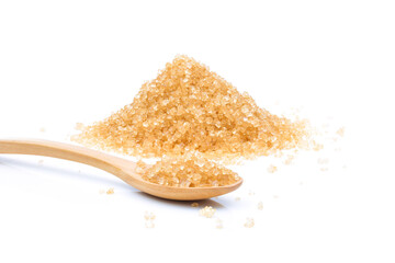 Brown sugar in wooden scoop on white background