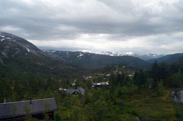 Views from the train window. Mountain tundra of Central Norway. Railway travel in Norway.The Bergen - Oslo train.
