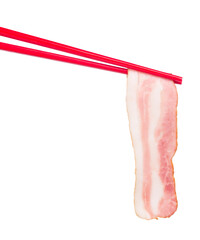 holding chopsticks, eating bacon isolated on white background
