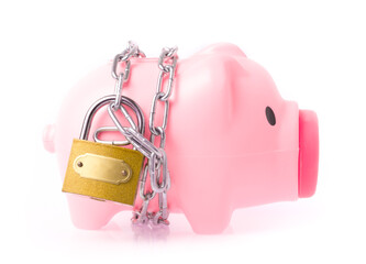 Piggy bank style money box chained together isolated on white background, concep financial stability
