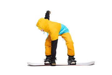 White isolated background with snowboard male snowboarder banner