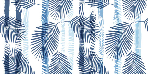 Tropical pattern, palm leaves seamless vector floral background. Exotic plant on blue stripes print illustration. Summer nature jungle print. Leaves of palm tree on paint lines. ink brush strokes