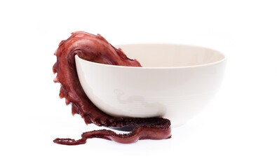 tentacles of octopus on a bowl isolated on white background
