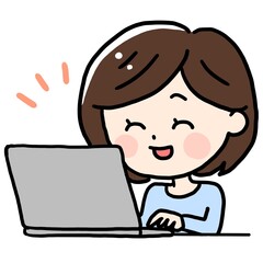 Woman using a computer with a smile