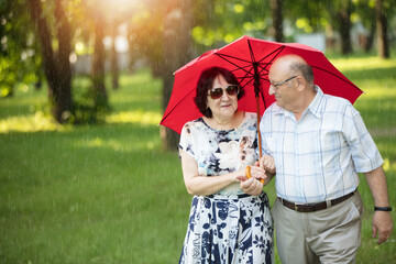 Happy elderly couple with umbrella. Handsome man and woman senior citizens. Husband and wife of old...