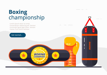 Boxing equipment. Sports banner design with glove, punching bag, and belt. Vector flat illustration