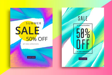 Summer Sale poster. Discount flyer with vibrant gradient shapes. Vector modern promotion banner.